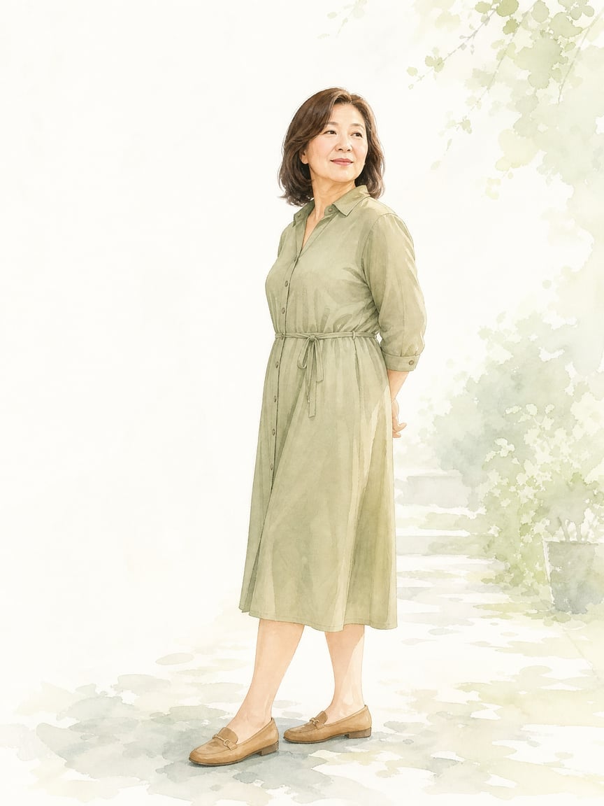中長袖橄欖綠連身裙